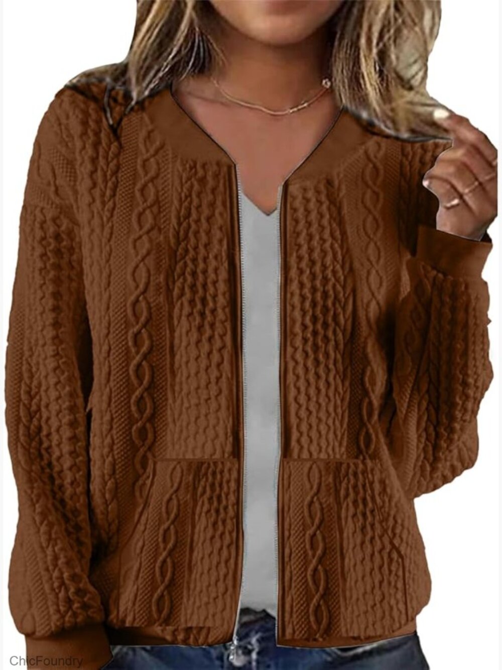 Full Zip Up Cardigan Sweater Casual Long Sleeve Sweatshirt Coat with Pocket